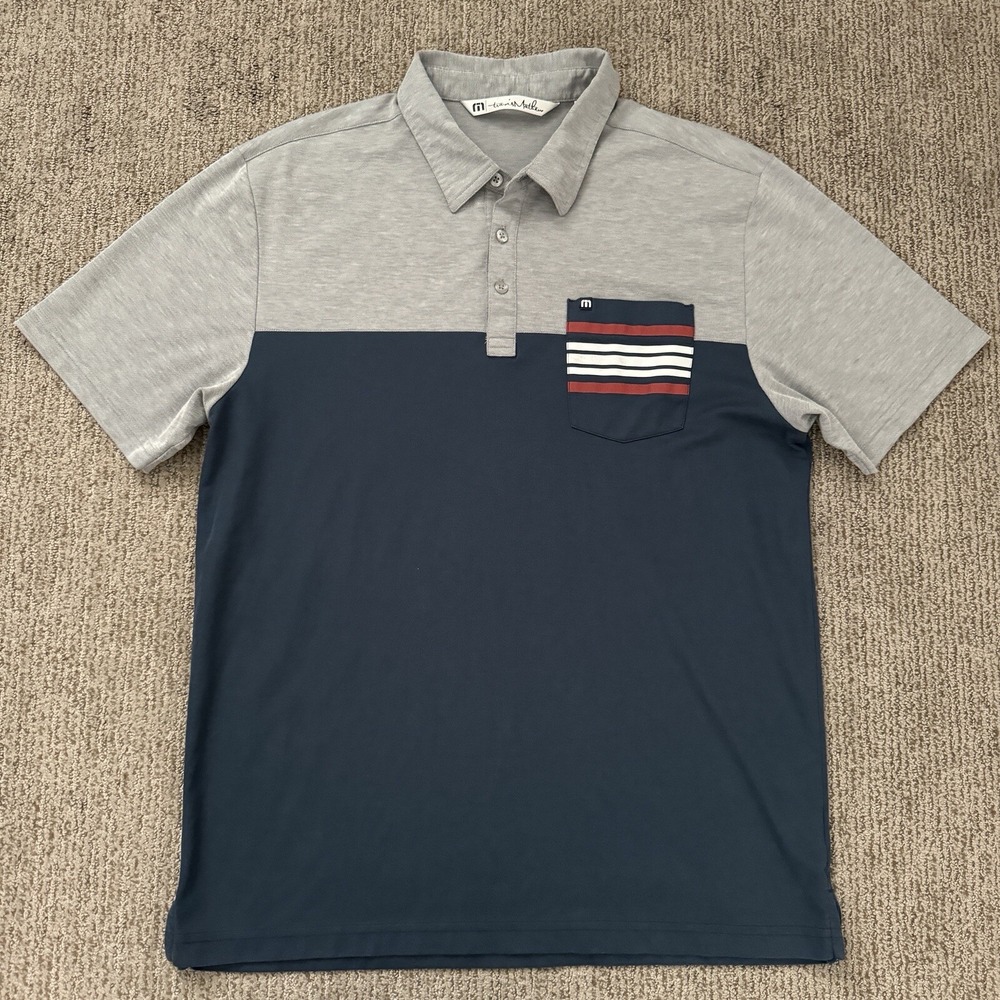 Travis Mathew Mens L Polo Golf Shirt Short Sleeve Grey Blue Colorblock Pocket